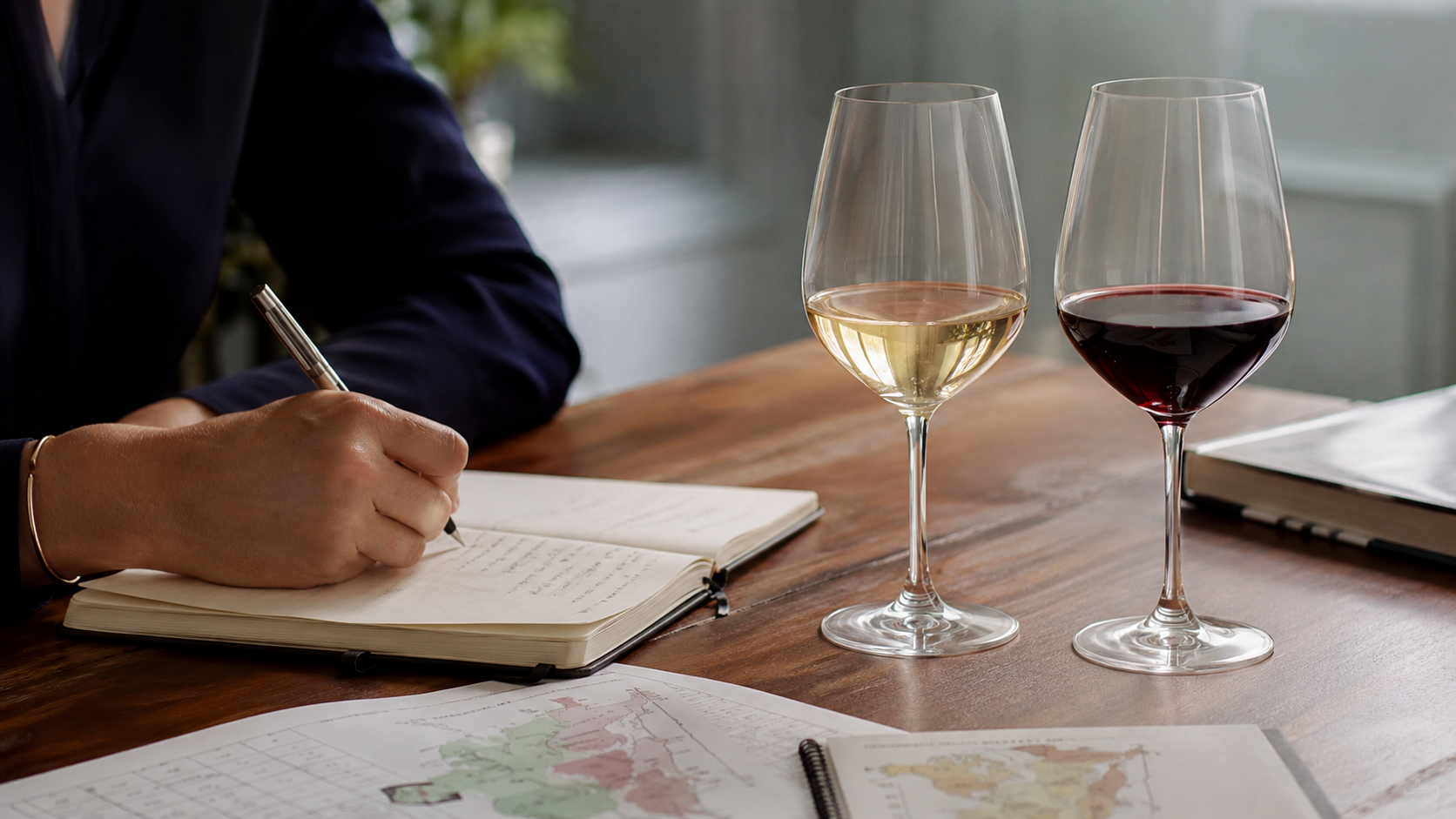 Person writing wine exam notes beside glasses of white and red wine on a polished wooden table.